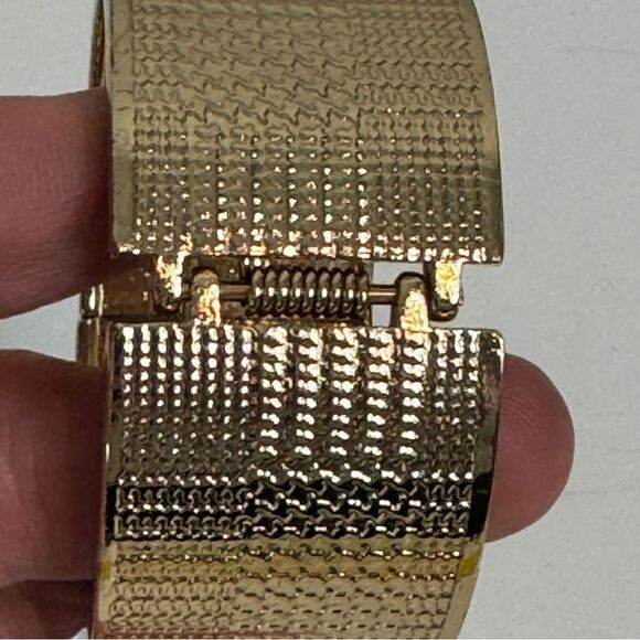 Gold Tone Textured Hinged Bangle Cuff Bracelet - Picture 3 of 6